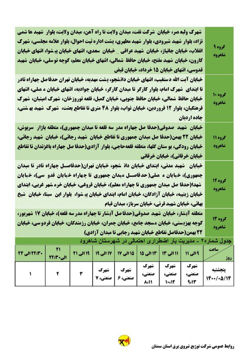 برنامه خاموشی احتمالی برق استان سمنان در پنجشنبه ۱۴ مردادماه اعلام شد