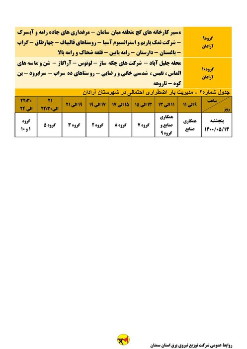 برنامه خاموشی احتمالی برق استان سمنان در پنجشنبه ۱۴ مردادماه اعلام شد