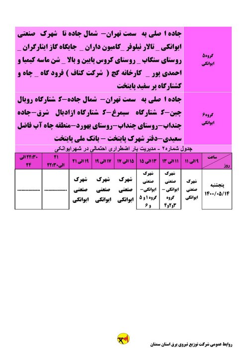 برنامه خاموشی احتمالی برق استان سمنان در پنجشنبه ۱۴ مردادماه اعلام شد