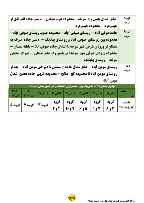 برنامه خاموشی احتمالی برق استان سمنان در یکشنبه ۱۷ مردادماه