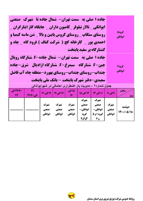 برنامه خاموشی احتمالی برق استان سمنان برای دوشنبه ۱۸ مرداد اعلام شد