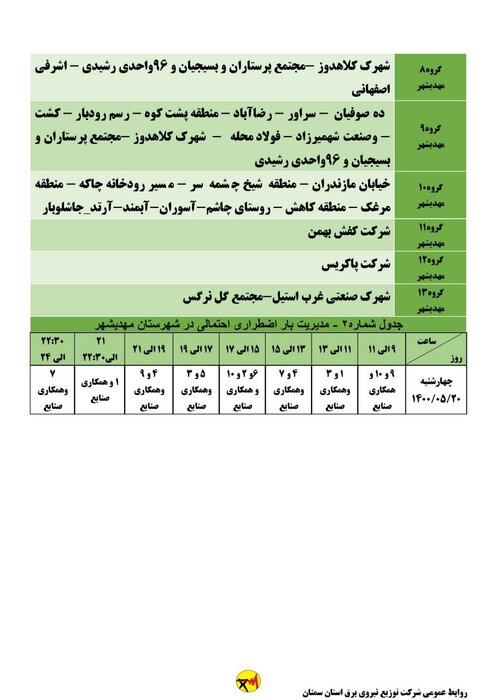 برنامه خاموشی احتمالی برق استان سمنان برای چهارشنبه ۲۰ مرداد اعلام شد