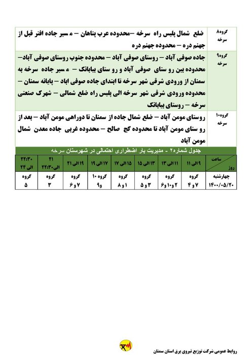 برنامه خاموشی احتمالی برق استان سمنان برای چهارشنبه ۲۰ مرداد اعلام شد