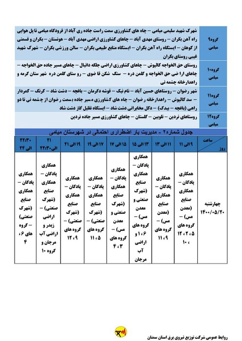 برنامه خاموشی احتمالی برق استان سمنان برای چهارشنبه ۲۰ مرداد اعلام شد