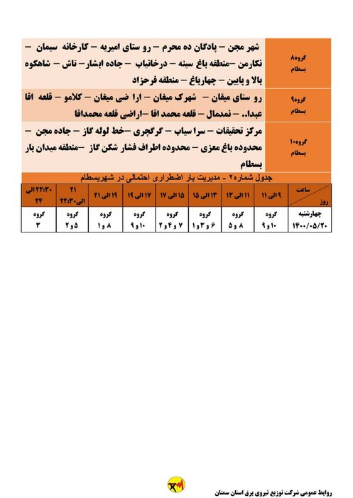 برنامه خاموشی احتمالی برق استان سمنان برای چهارشنبه ۲۰ مرداد اعلام شد