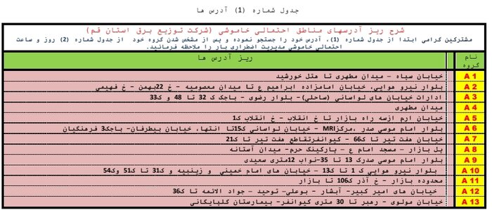 جدول خاموشی اضطراری در قم / ۲۰ مردادماه