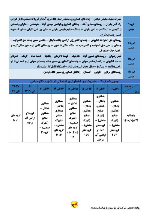 برنامه خاموشی احتمالی برق استان سمنان در پنجشنبه ۲۱ مردادماه اعلام شد