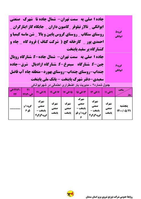 برنامه خاموشی احتمالی برق استان سمنان در پنجشنبه ۲۱ مردادماه اعلام شد