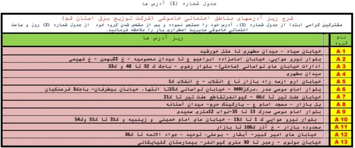 جدول خاموشی‌های اضطراری قم / ۲۳ مردادماه