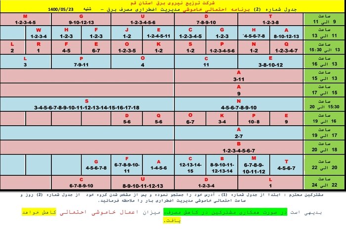 جدول خاموشی‌های اضطراری قم / ۲۳ مردادماه