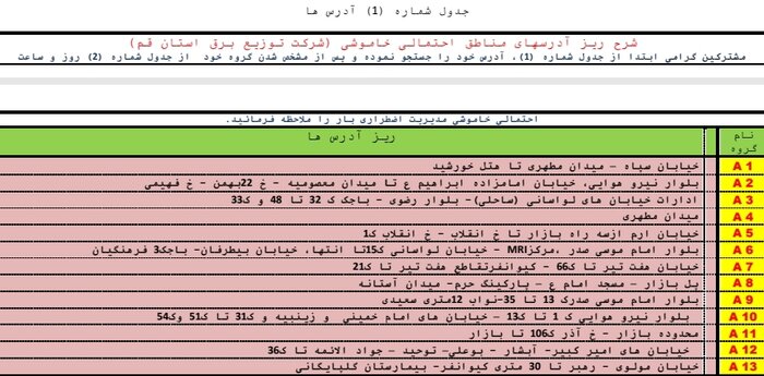 جدول خاموشی اضطراری در قم / ۲۴ مردادماه