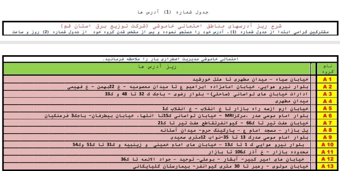 جدول خاموشی‌های اضطراری در قم/۲۶ مردادماه