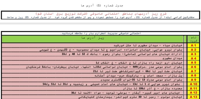 جدول خاموشی‌های اضطراری در قم/۳۱ مردادماه