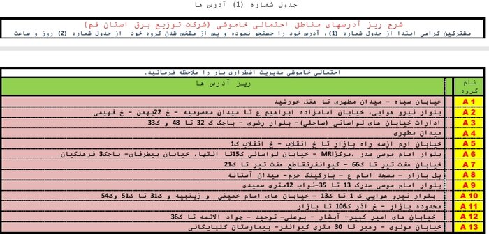 جدول خاموشی‌های اضطراری درقم / ۲ شهریورماه