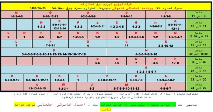 جدول خاموشی‌های اضطراری درقم / ۳ شهریورماه