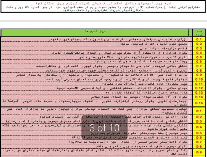 جدول خاموشی‌های احتمالی در قم/۱۱ شهریورماه