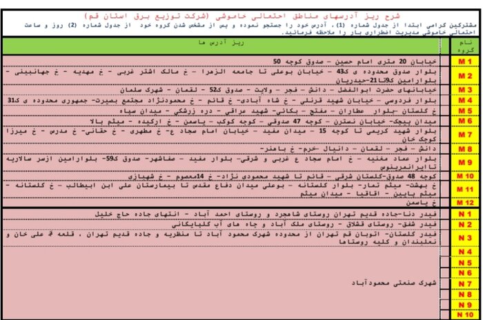 جدول خاموشی‌های احتمالی در قم/۱۱ شهریورماه