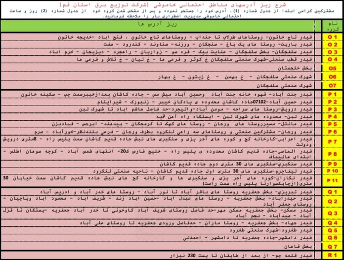 جدول خاموشی‌های احتمالی در قم/۱۱ شهریورماه