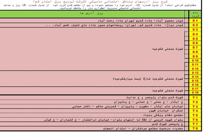 جدول خاموشی‌های احتمالی در قم/۱۱ شهریورماه