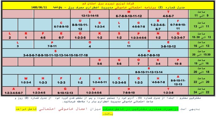 جدول خاموشی‌های احتمالی در قم/۱۱ شهریورماه