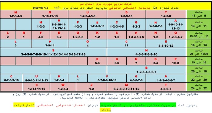 جدول خاموشی‌های اضطراری درقم / ۱۳ شهریورماه