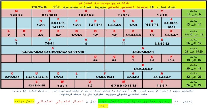 جدول خاموشی‌های اضطراری درقم/۱۵ شهریورماه