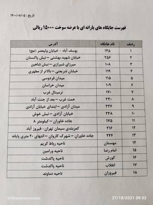 فهرست جایگاه‌های فعال عرضه سوخت سهمیه‌ای در تهران 2