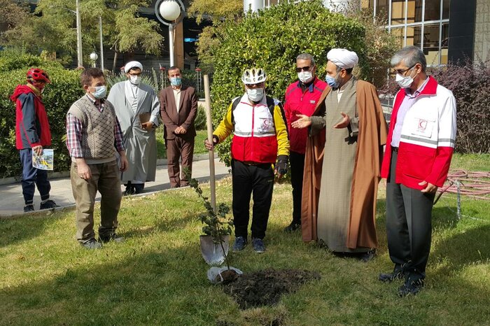 جهانگرد دوچرخه‌سوار در مشهد به یاد شهدای مدافع سلامت نهال کاشت