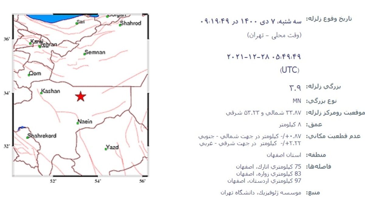 دبیر مدیریت بحران فرمانداری: زلزله ۳.۹ ریشتری خسارتی در اردستان نداشت