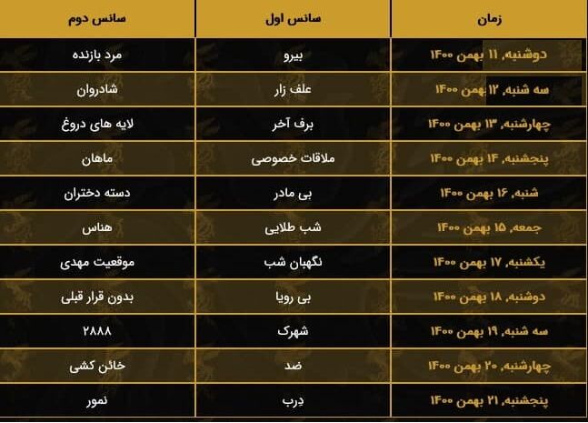 جدول نمایش سینمای رسانه جشنواره فیلم فجر مشخص شد جدول نمایش سینمای رسانه جشنواره فیلم فجر مشخص شد