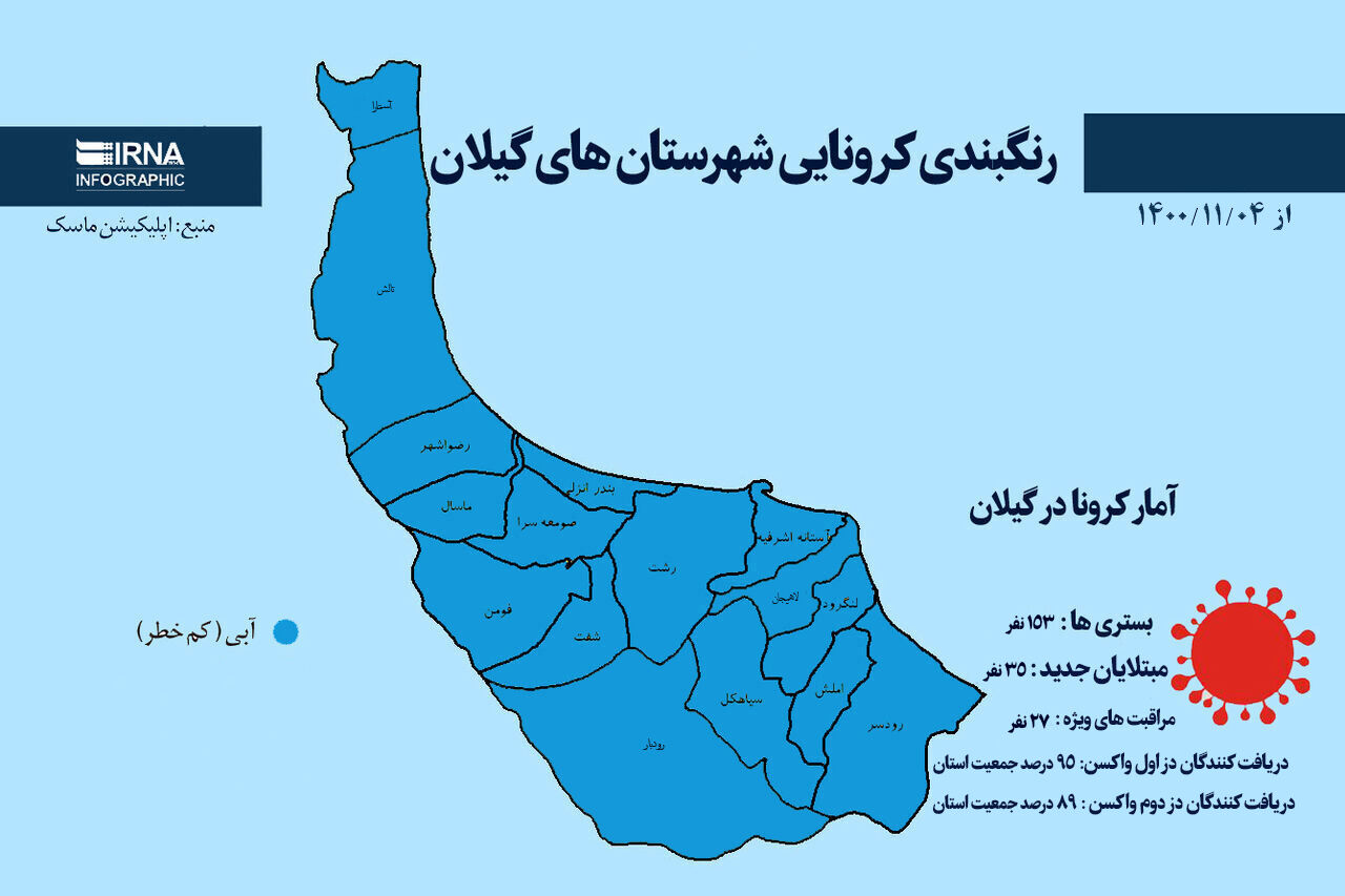 رنگبندی کرونایی شهرستان‌های گیلان تا (۱۴۰۰/۱۱/۰۴)