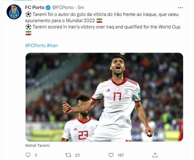 بازتاب صعود ایران به جام جهانی با گل طارمی در صفحه مجازی باشگاه پورتو 2