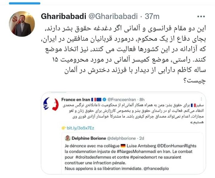 پاسخ کنایهآمیز غریبآبادی به دو مقام حقوق بشری فرانسه و آلمان