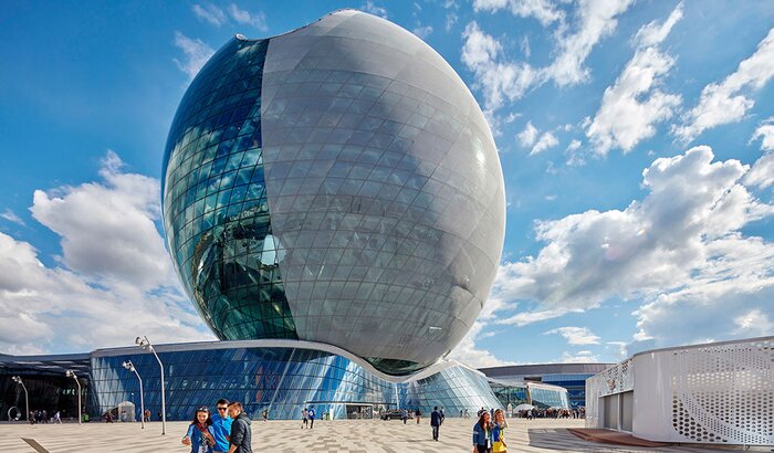 World’s largest spherical building in Kazakhstan lit with Iran flag