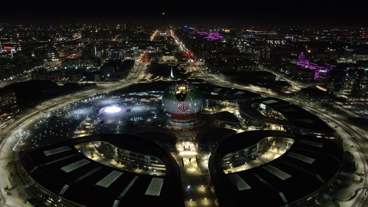 World’s largest spherical building in Kazakhstan lit with Iran flag