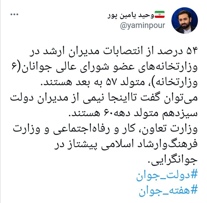 وزارتخانه های تعاون و فرهنگ؛ پیشتاز در جوانگرایی