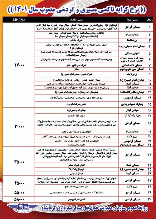 نرخ‌های جدید کرایه تاکسی و اتوبوس در کرمانشاه اعلام شد