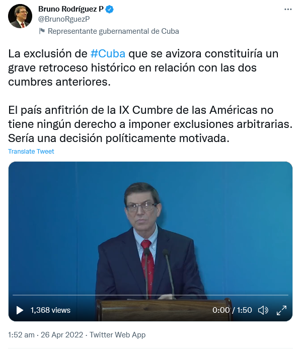 Cuba denuncia su exclusión por parte de EEUU de la Cumbre de las Américas