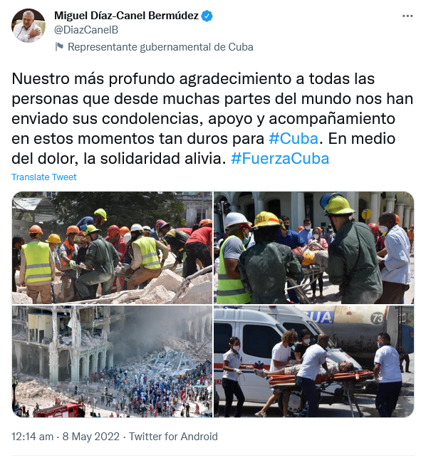 Cuba agradece solidaridad del mundo frente a accidente en Hotel Saratoga