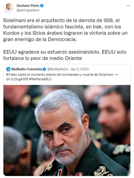 رئیسجمهور منتخب کلمبیا: سردار سلیمانی معمار غلبه بر بنیادگرایان فاشیست داعش در عراق بود 2