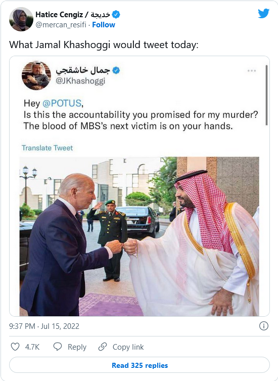 Novia de Khashoggi dice a Biden que tiene manos manchadas de "sangre" de víctimas del régimen saudí