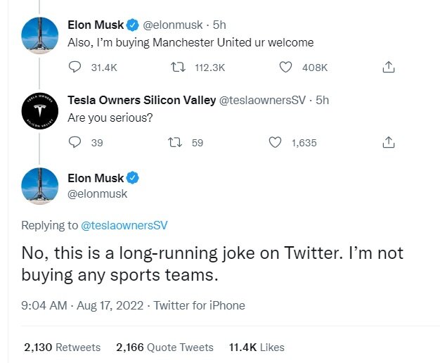 ایلان ماسک امید هواداران منچستر را بر باد داد: شوخی کردم