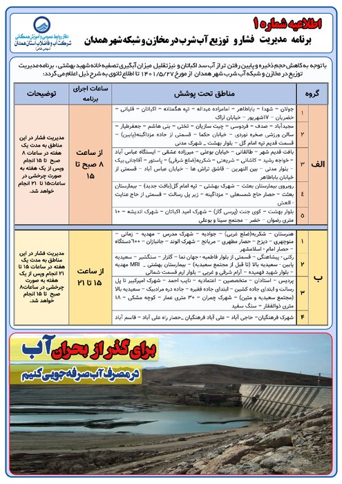 برنامه زمان‌بندی قطع و مدیریت فشار آب در شهر همدان اعلام شد 2