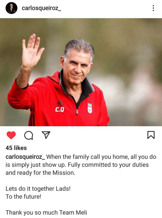 Queiroz's first reaction to being in Iran again;  I am ready for the mission, thank you Iran