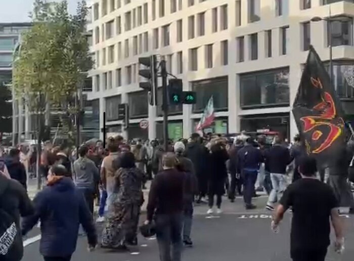 Pro-Islamic Revolution people residing in London respond to rioters in Iran