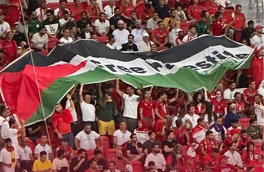  جماهير المغرب ترفع علما فلسطينيا ضخما في المباراة بمونديال قطر