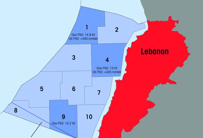 موقعیت مناطق گازی 4 و 9 در سواحل لبنان 