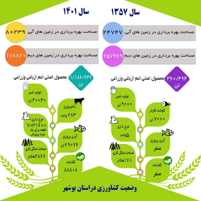 اینفوگرافیک/ وضعیت کشاورزی و صنعت در استان بوشهر تا ۱۳۵۷ و ۱۴۰۱