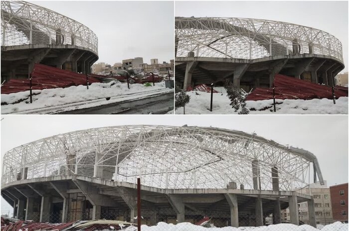 ریزش سقف ورزشگاه در دست احداث ۴۵۰۰ نفری پردیسان قم + فیلم