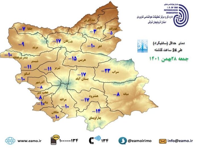 سراب با دمای منفی ۲۳ درجه دومین شهر سرد کشور شد